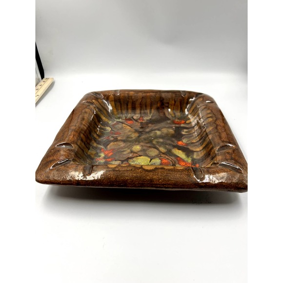 Vintage MCM Ceramic Ashtray Brown Multi Color 12" Square Cigar Ashtray - Picture 2 of 7